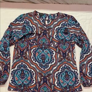 NWT Talbots Multicolor Blue Graphic Blouse XS‎ Paisley Print Keyhole Neck Top